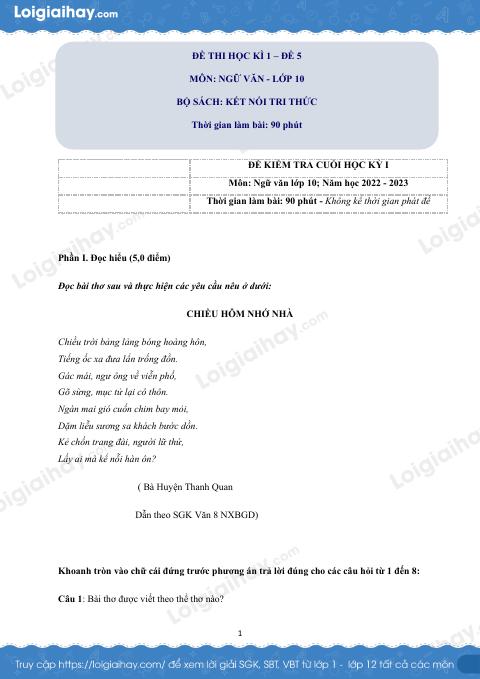 Đề thi học kì 1 Văn 10 Kết nối tri thức - Đề số 5